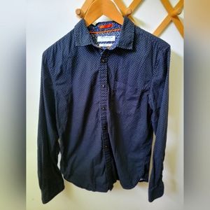 Navy blue dot long sleeve button down medium denim & flower